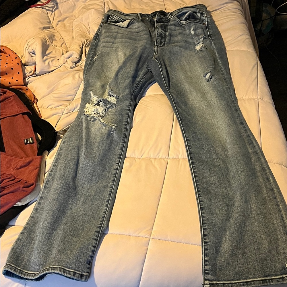 Judy Blue Distressed Flare Jeans in Light Blue